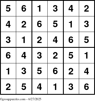 The grouppuzzles.com Answer grid for the Sudoku-6up puzzle for Friday June 27, 2025