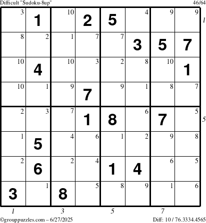 The grouppuzzles.com Difficult Sudoku-8up puzzle for Friday June 27, 2025, suitable for printing, with all 10 steps marked