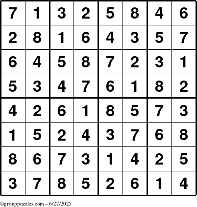 The grouppuzzles.com Answer grid for the Sudoku-8up puzzle for Friday June 27, 2025