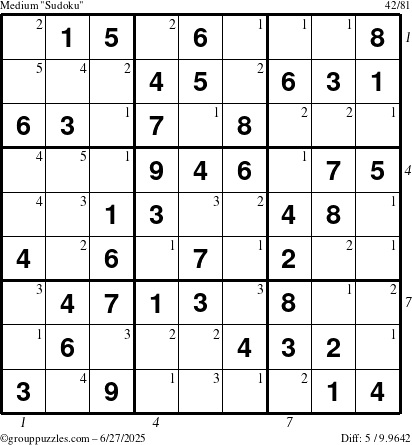 The grouppuzzles.com Medium Sudoku puzzle for Friday June 27, 2025 with all 5 steps marked