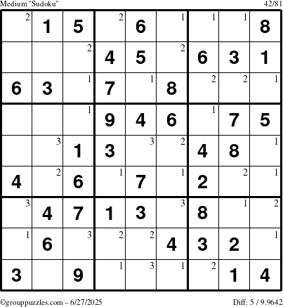 The grouppuzzles.com Medium Sudoku puzzle for Friday June 27, 2025 with the first 3 steps marked