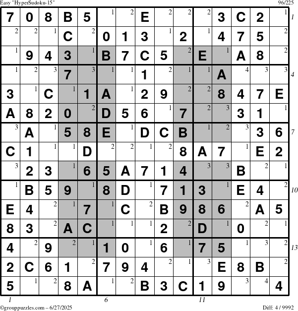 The grouppuzzles.com Easy HyperSudoku-15 puzzle for Friday June 27, 2025 with all 4 steps marked