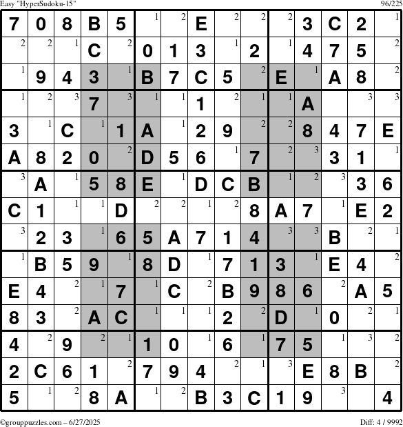 The grouppuzzles.com Easy HyperSudoku-15 puzzle for Friday June 27, 2025 with the first 3 steps marked