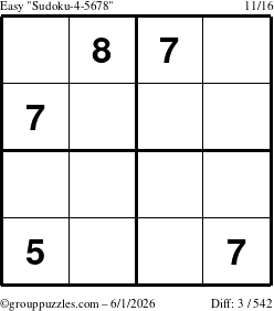 The grouppuzzles.com Easy Sudoku-4-5678 puzzle for Monday June 1, 2026