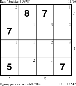 The grouppuzzles.com Easy Sudoku-4-5678 puzzle for Monday June 1, 2026 with all 3 steps marked