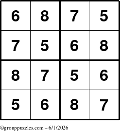 The grouppuzzles.com Answer grid for the Sudoku-4-5678 puzzle for Monday June 1, 2026