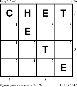 The grouppuzzles.com Easy Chet puzzle for Monday June 1, 2026, suitable for printing, with all 3 steps marked