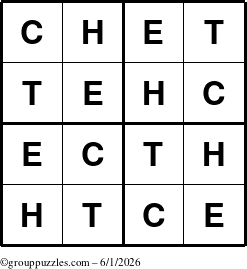 The grouppuzzles.com Answer grid for the Chet puzzle for Monday June 1, 2026