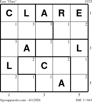 The grouppuzzles.com Easy Clare puzzle for Monday June 1, 2026, suitable for printing, with all 3 steps marked
