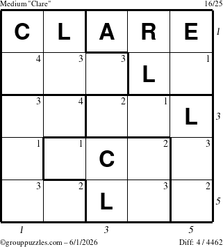 The grouppuzzles.com Medium Clare puzzle for Monday June 1, 2026, suitable for printing, with all 4 steps marked
