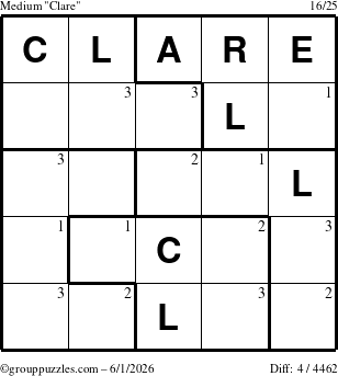 The grouppuzzles.com Medium Clare puzzle for Monday June 1, 2026 with the first 3 steps marked
