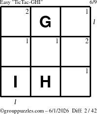The grouppuzzles.com Easy TicTac-GHI puzzle for Monday June 1, 2026, suitable for printing, with all 2 steps marked