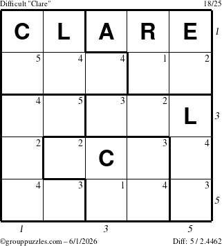 The grouppuzzles.com Difficult Clare puzzle for Monday June 1, 2026, suitable for printing, with all 5 steps marked