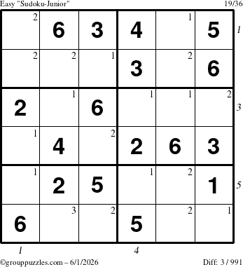 The grouppuzzles.com Easy Sudoku-Junior puzzle for Monday June 1, 2026, suitable for printing, with all 3 steps marked