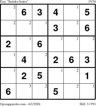 The grouppuzzles.com Easy Sudoku-Junior puzzle for Monday June 1, 2026 with the first 3 steps marked