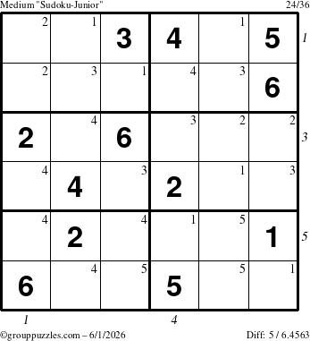 The grouppuzzles.com Medium Sudoku-Junior puzzle for Monday June 1, 2026 with all 5 steps marked