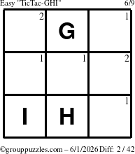 The grouppuzzles.com Easy TicTac-GHI puzzle for Monday June 1, 2026 with the first 2 steps marked