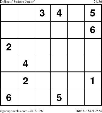 The grouppuzzles.com Difficult Sudoku-Junior puzzle for Monday June 1, 2026