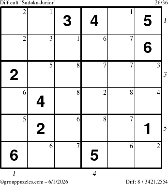 The grouppuzzles.com Difficult Sudoku-Junior puzzle for Monday June 1, 2026 with all 8 steps marked