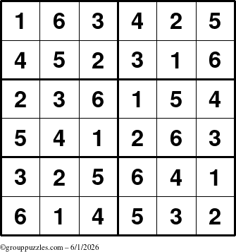 The grouppuzzles.com Answer grid for the Sudoku-Junior puzzle for Monday June 1, 2026