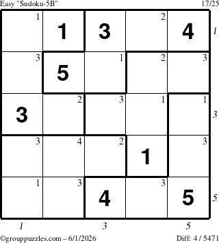 The grouppuzzles.com Easy Sudoku-5B puzzle for Monday June 1, 2026, suitable for printing, with all 4 steps marked