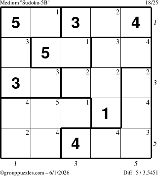 The grouppuzzles.com Medium Sudoku-5B puzzle for Monday June 1, 2026 with all 5 steps marked