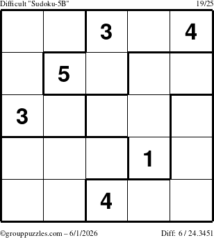 The grouppuzzles.com Difficult Sudoku-5B puzzle for Monday June 1, 2026