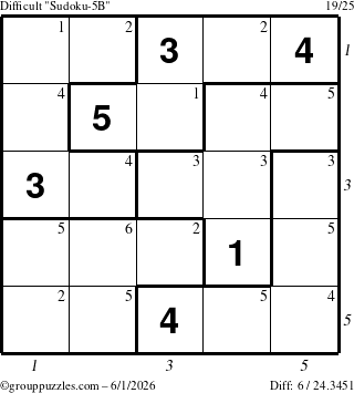 The grouppuzzles.com Difficult Sudoku-5B puzzle for Monday June 1, 2026 with all 6 steps marked