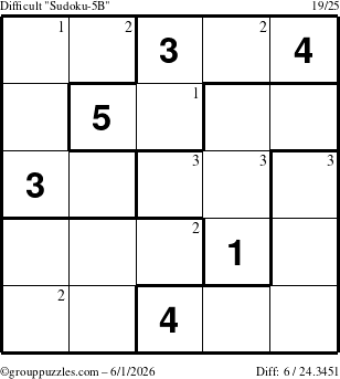 The grouppuzzles.com Difficult Sudoku-5B puzzle for Monday June 1, 2026 with the first 3 steps marked