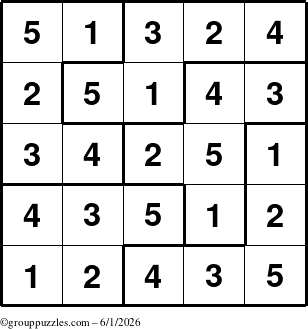 The grouppuzzles.com Answer grid for the Sudoku-5B puzzle for Monday June 1, 2026