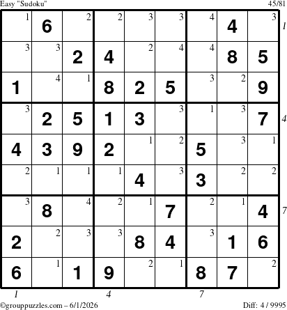 The grouppuzzles.com Easy Sudoku puzzle for Monday June 1, 2026 with all 4 steps marked