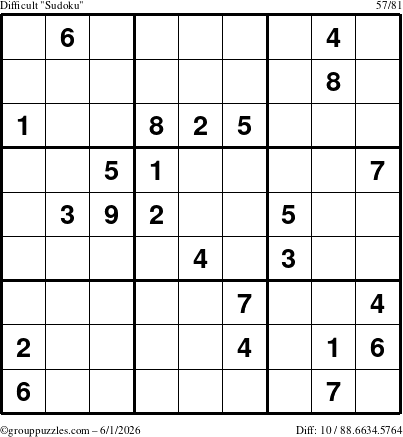 The grouppuzzles.com Difficult Sudoku puzzle for Monday June 1, 2026