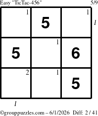 The grouppuzzles.com Easy TicTac-456 puzzle for Monday June 1, 2026 with all 2 steps marked