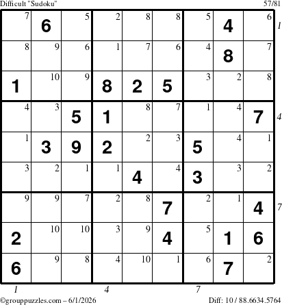The grouppuzzles.com Difficult Sudoku puzzle for Monday June 1, 2026, suitable for printing, with all 10 steps marked
