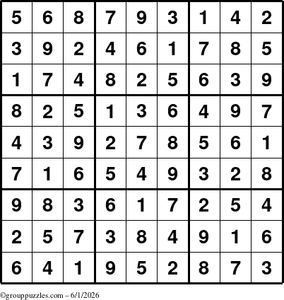 The grouppuzzles.com Answer grid for the Sudoku puzzle for Monday June 1, 2026