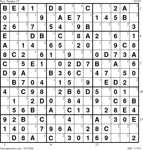 The grouppuzzles.com Easy Sudoku-15 puzzle for Monday June 1, 2026 with all 3 steps marked