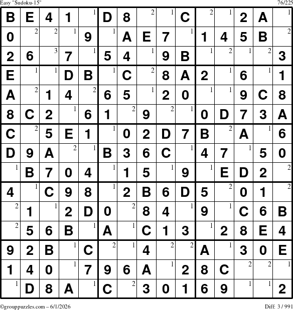 The grouppuzzles.com Easy Sudoku-15 puzzle for Monday June 1, 2026 with the first 3 steps marked