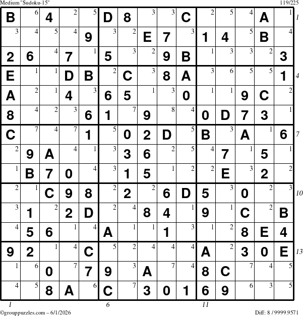 The grouppuzzles.com Medium Sudoku-15 puzzle for Monday June 1, 2026, suitable for printing, with all 8 steps marked