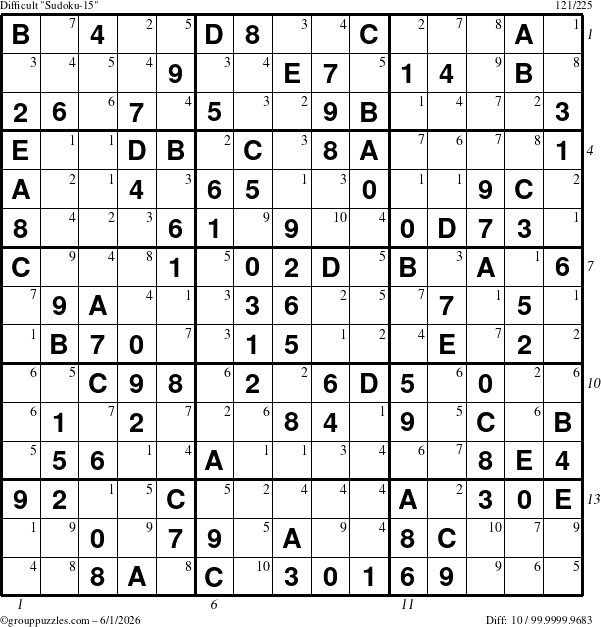 The grouppuzzles.com Difficult Sudoku-15 puzzle for Monday June 1, 2026 with all 10 steps marked