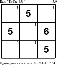 The grouppuzzles.com Easy TicTac-456 puzzle for Monday June 1, 2026 with the first 2 steps marked