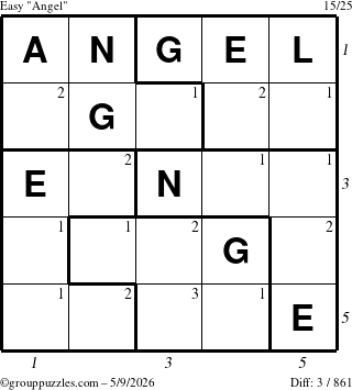 The grouppuzzles.com Easy Angel puzzle for Saturday May 9, 2026, suitable for printing, with all 3 steps marked