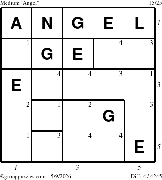 The grouppuzzles.com Medium Angel puzzle for Saturday May 9, 2026 with all 4 steps marked