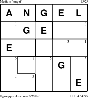 The grouppuzzles.com Medium Angel puzzle for Saturday May 9, 2026 with the first 3 steps marked