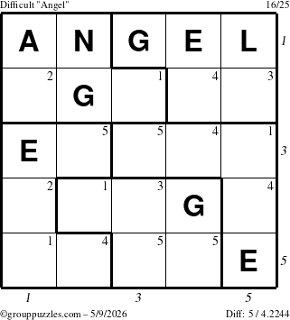 The grouppuzzles.com Difficult Angel puzzle for Saturday May 9, 2026, suitable for printing, with all 5 steps marked