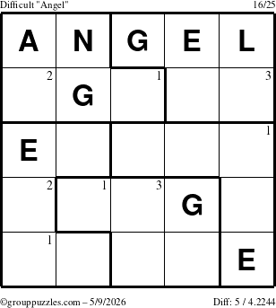 The grouppuzzles.com Difficult Angel puzzle for Saturday May 9, 2026 with the first 3 steps marked