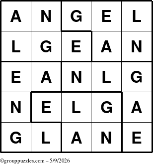 The grouppuzzles.com Answer grid for the Angel puzzle for Saturday May 9, 2026