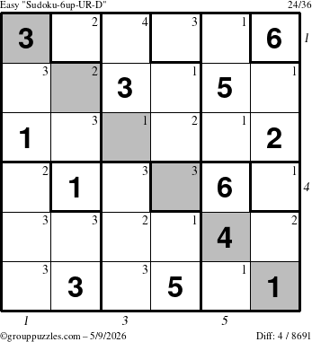 The grouppuzzles.com Easy Sudoku-6up-UR-D puzzle for Saturday May 9, 2026, suitable for printing, with all 4 steps marked