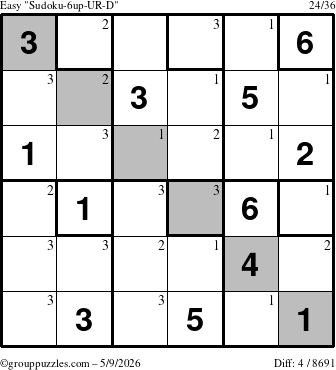 The grouppuzzles.com Easy Sudoku-6up-UR-D puzzle for Saturday May 9, 2026 with the first 3 steps marked