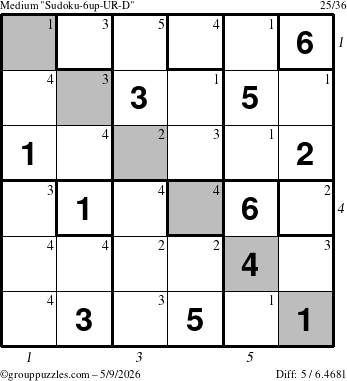 The grouppuzzles.com Medium Sudoku-6up-UR-D puzzle for Saturday May 9, 2026, suitable for printing, with all 5 steps marked