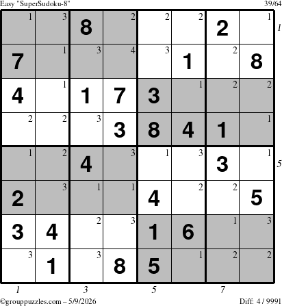 The grouppuzzles.com Easy SuperSudoku-8 puzzle for Saturday May 9, 2026 with all 4 steps marked